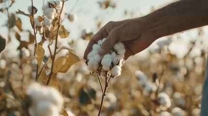 A farmer's hand gently picks ripe white cotton in a field.