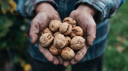 Farmer's hands holding a handful of freshly harvested walnuts, showing abundant yield.