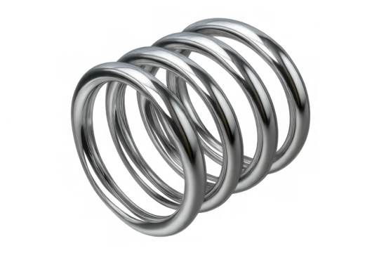 Rotating chrome metal spring on transparent background, ideal for technology and engineering concepts