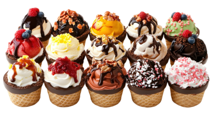 Colorful sweet candy and lollipops, colorful cartoon ice cream bars with different types of sweets isolated on a transparent background