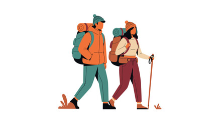 Hiking Couple with Backpacks and Trekking Poles: A stylized illustration of a man and woman, dressed in warm winter clothing, carrying large backpacks and trekk
