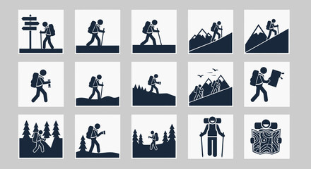Hiking Stick Figure Icons: Backpackers Navigating Diverse Landscapes