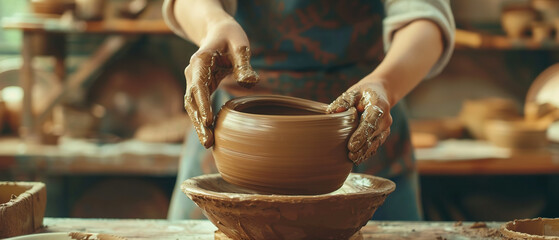Pottery workshop class in progress, shaping clay into vessels. Educational, creative setting focused on hands-on ceramic art.