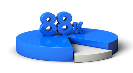 88% blue and white pie chart isolated on transparent background. 3d illustration.	