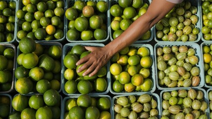 Person selecting fresh limes and gooseberries at market stall