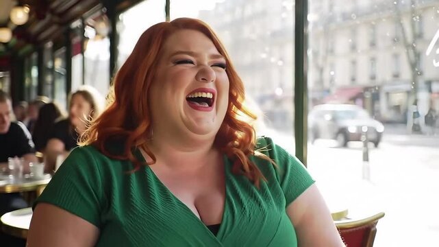 Happy plus-sized woman laughing while sitting in a cafe by the window  