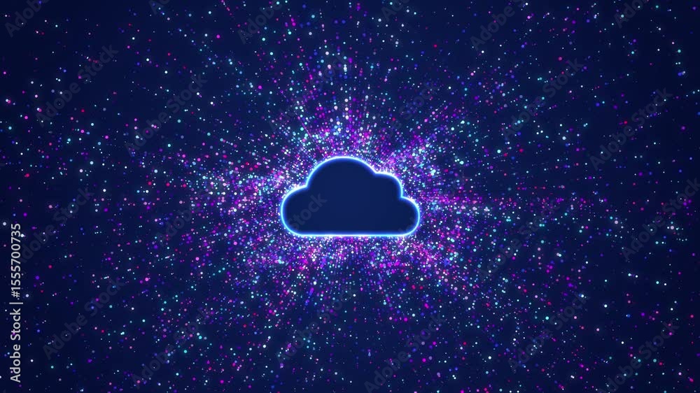 Poster cloud with distributed data around them represent cloud computing technology, a data management syst