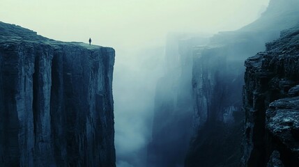 Solitary figure atop a dramatic cliff overlooking a misty canyon
