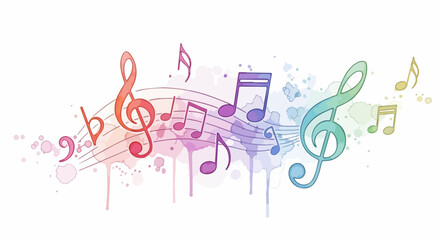 A colorful watercolor artwork featuring abstract music notes and flowing splashes in soft hues, expressing rhythm and creativity
