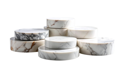 Stacked Marble Display Stands: A collection of circular marble display stands of varying sizes, artfully arranged to showcase products or objects