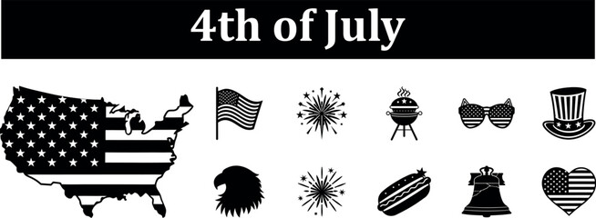 Collection of black and white elements of celebrating the 4th of July holiday in America on transparent background