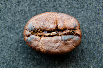 Horizontally resting coffee bean with a soft shine, emphasizing the roasted texture and form on a...