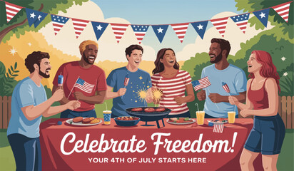 Diverse Group Celebrating 4th of July BBQ: Festive Outdoor Independence Day Gathering with Friends

