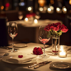 Elegant restaurant interior with beautifully arranged tables, warm lighting, and sophisticated decor.  dining promotions and culinary advertising visuals.