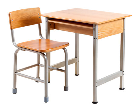 A wooden school desk and chair set is isolated on transparent background