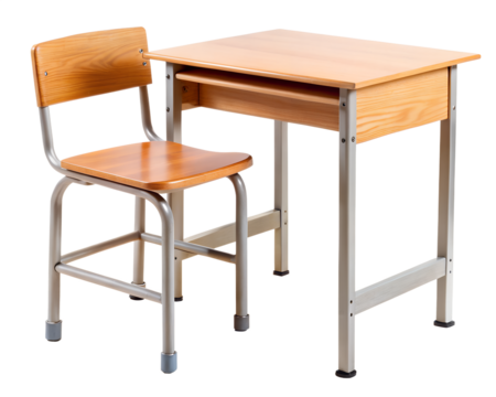 A wooden school desk and chair set is isolated on transparent background - Powered by Adobe