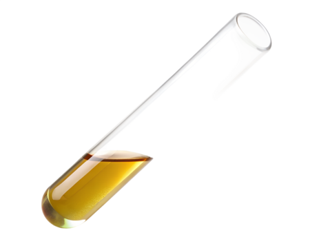 A glass test tube with a yellow liquid inside is isolated on transparent background