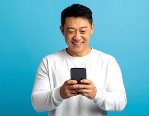 Smiling man using phone