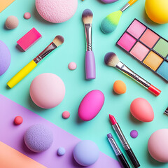 Flat lay of assorted cosmetic products and makeup brushes arranged on a pastel blue background. beauty, skincare, and product advertising content.