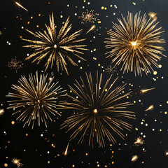 Festive background with golden New Year fireworks on black. greeting cards, banners, promotional materials, and celebratory seasonal designs.