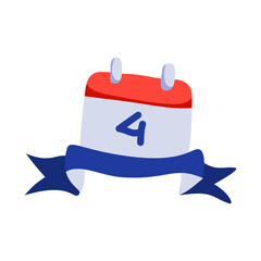 Patriotic Calendar with Number Four and Blue Ribbon for Independence Day.