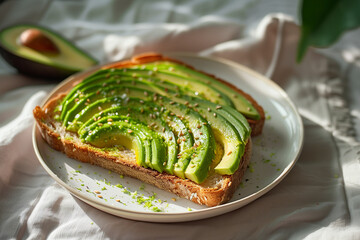 Avocado toast on a ceramic plate over a linen tablecloth. Soft daylight and healthy breakfast scene.