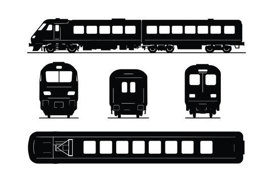 Black Silhouette Train Set with Multiple Views: Side, Front, Rear, and Top Views