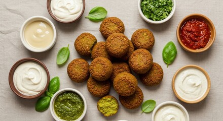 Green Falafel Balls with Colorful Sauces Overhead on Neutral Fabric