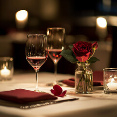 Romantic restaurant scene with a table set for two, red roses, candles, and elegant tableware. Valentine’s Day, anniversaries, and fine dining promotions.