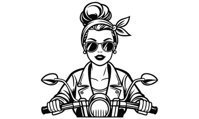 Stylish woman with a messy bun and sunglasses wearing a leather jacket riding a motorcycle with a bandana tied around her head