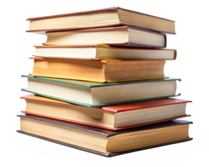A stack of various books isolated on transparent background, representing a collection of knowledge