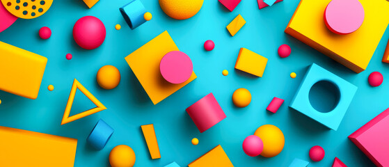 3D composition with bright geometric elements such as cubes, cones, and spheres arranged randomly on a dark background. 