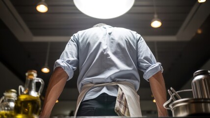 Back view of adult caucasian male chef in kitchen during evening prep