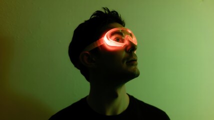 Young caucasian male wearing glowing neon goggles in dimly lit room