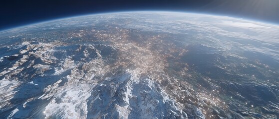 Fototapeta premium Aerial View of Snowy Mountains City Lights Dramatic Earth Landscape