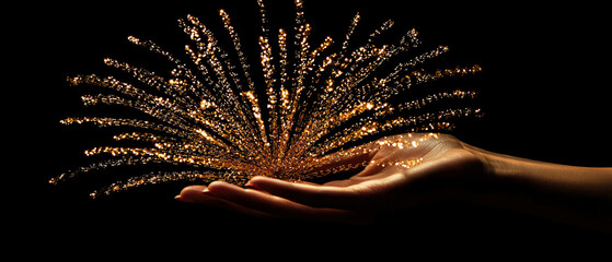 Hand holding a burst of golden sparks against a black background. Suitable for celebration, New Year greetings, festive designs, and holiday advertising visuals.