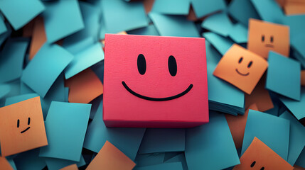 Happy face among various negative emotions on sticky notes a concept representing a positive attitude