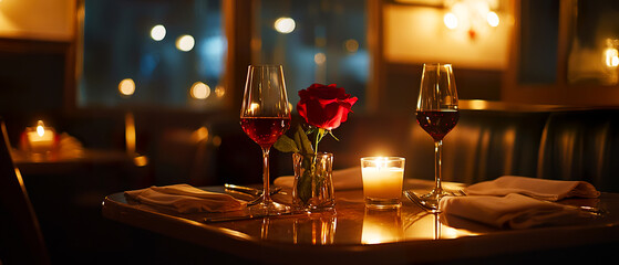 Evening home dinner scene with candles, wine glasses, and warm ambient lighting creating a romantic atmosphere. lifestyle, holiday, and food promotions.