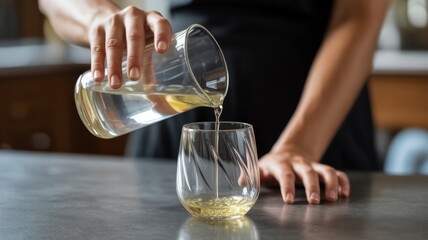 Close-up of female hand pouring white wine from decanter into glass on gray countertop