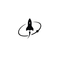 Fototapeta premium Minimal Rocket Launch Logo, A sleek black rocket icon launching upward, encircled by a planetary ring with a small orbiting sphere, symbolizing innovation, progress, and technology in a clean and mode