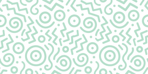 Memphis geometric seamless pattern. Pink pastel abstract background in retro 80s, 90s style with various shapes: circles, semicircles, dots, zigzags, spirals, wavy lines. Cute kid doodle design.