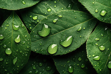 Close-up of water droplets on a green leaf, macro photography