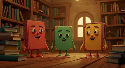 Cartoon books in a cozy library setting