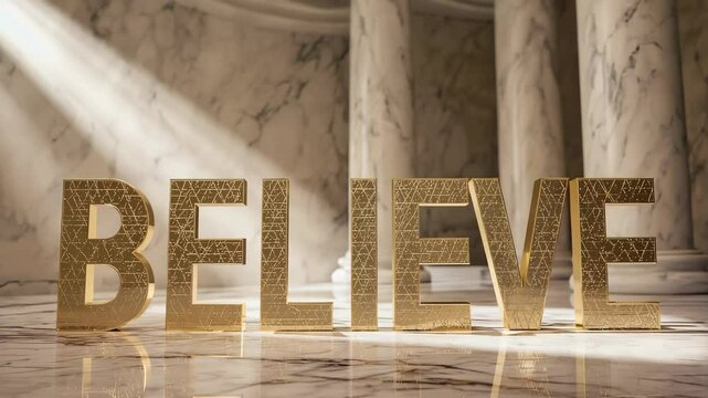 Golden believe sign shines brightly in an elegant marble hall during a soft light display