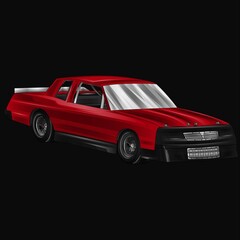 Red and painted racing car. Isolated in black background, for t-shirt design, print. and for business purposes.