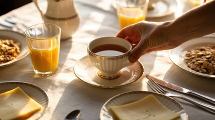 Morning breakfast table with tea, juice, cheese, and cereal in warm sunlight