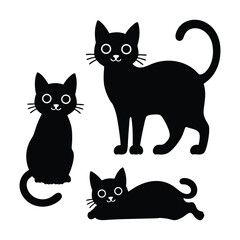 Three black cat silhouettes in various sitting and reclining poses.