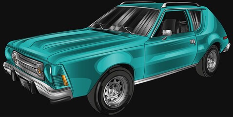 Turquoise blue and painted racing car. Isolated in black background, for t-shirt design, print. and for business purposes.