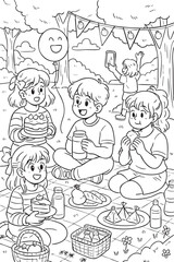 A cute black and white coloring page showing cheerful kids having a picnic in the park, with cakes, sandwiches, baskets, a happy balloon, and one child taking a selfie. Perfect for children to color.