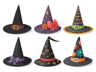 Collection of Six Cartoon Witch Hats with Various Designs and Decorations for Halloween Celebrations set